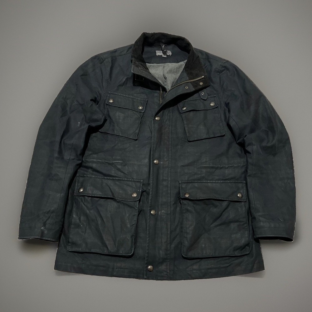 VTG Vince Mens Deep Navy Waxed Cotton Utility Pocket Field Jacket Moto Coat L
